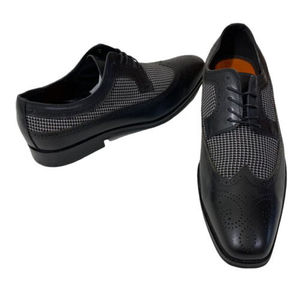 Tallia Brogue Wingtip Oxford Dress Shoe Black Leather Fabric Inlay Sergio